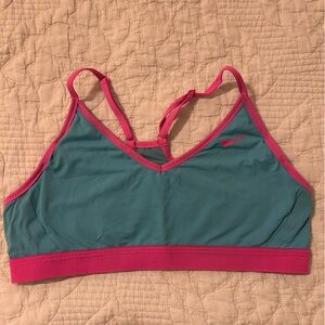 Nike Indy Light support sports bra, teal blue with pink trim